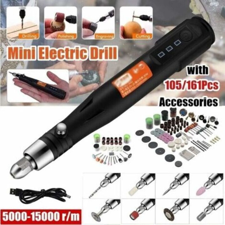 Vezeték nélküli mini forgószerszám készlet (mini fúró) 5V USB, 105 tartozékkal, 3 sebességgel, LED, fekete