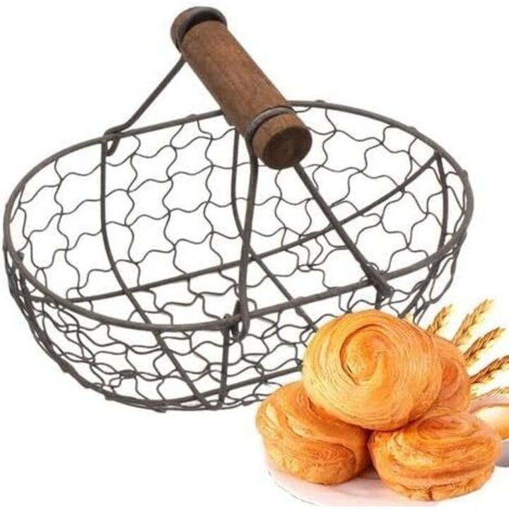 Cos oua rustic din fier si lemn, capacitate 24 oua, maner confortabil, maro, 30x20x15cm