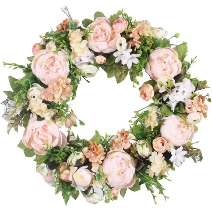 Coronita florala, coroana decorativa rotunda din ratan si matase cu bujori artificiali, hortensii si trandafiri mini, Multicolor, 1 buc