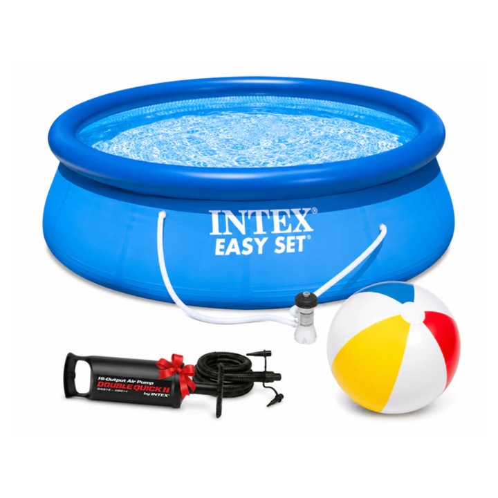 Piscina gonflabila Easy Set Intex, D244xH61 cm, 1250L, pompa cu filtru inclusa + pompa umflat + minge gonflabila cadou