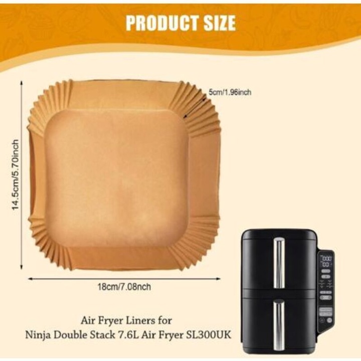 Hartie de copt pentru friteuza, compatibila cu Ninja Double Stack 7.6L SL300EU, pre-taiata, perforata cu margine ridicata 5 cm, antiaderenta, rezistenta pana la 232°C, maro, 100 bucati