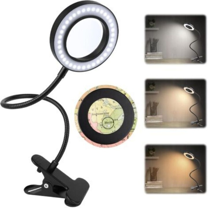 Lupa cu clema, lupa de birou 360° flexibila, iluminare LED cu 10 niveluri, baza cu prindere si pad antiderapant, Multicolor, 5 bucati, Clasa D