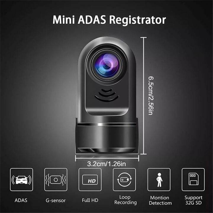 Camera auto dashcam 1080p HD rotativa 360° cu ADAS, vedere nocturna F1.5, inregistrare automata la impact, card 32 GB inclus, negru