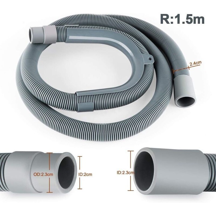 Furtun de evacuare / prelungitor pentru masini de spalat si masini de spalat vase, 1.5 m, O 20 mm (mufa) adaptor 26/29 mm, include 2 cleme 18–32 mm si suport U, polipropilena, Gri, 1 buc