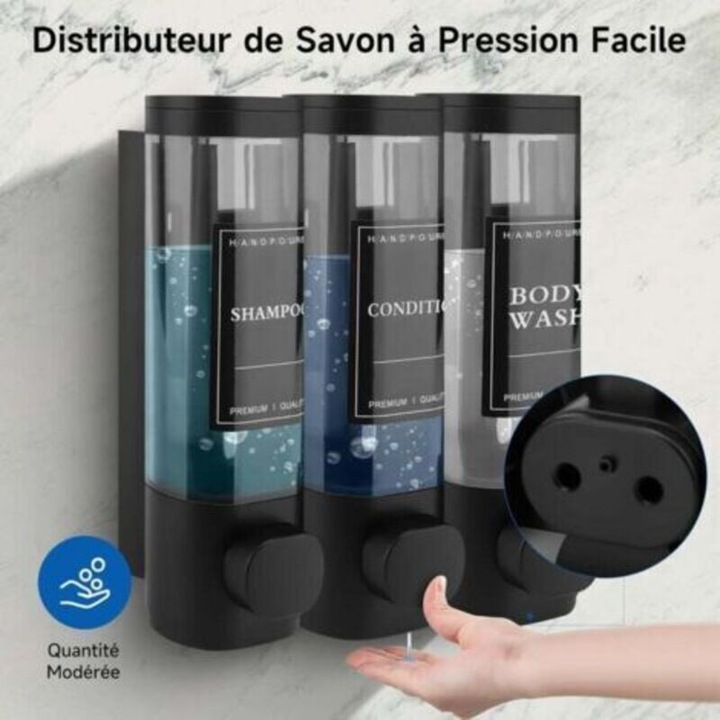 Dozator de sapun 3-in-1, dispenser montat pe perete, fara gaurire, din ABS, vizibil nivel lichid, 300 ml per recipient, negru