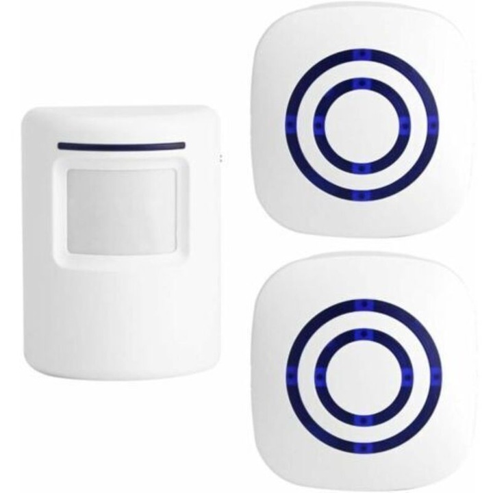 Set 3 bucati, Sonerie wireless cu senzor de miscare PIR, detector cu infrarosu, 2 receptoare de priza, Alb, 2 x receptoare + 1 x senzor