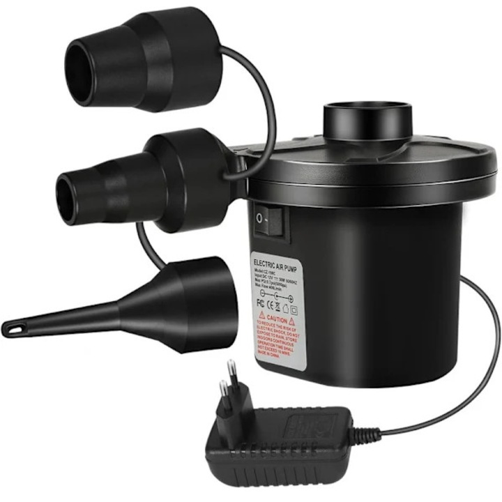Elektromos légpumpa inflátor/deflátor 50W, 400 L/perc, 3 fúvókával és autós töltővel, kompakt és hordozható, Fekete, 1 db