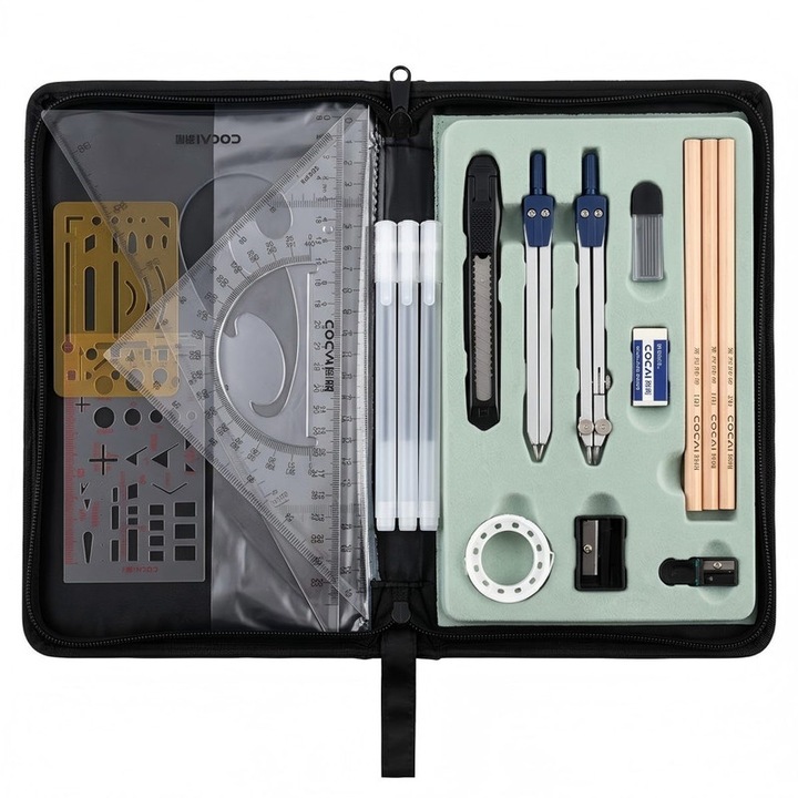 Trusa geometrie, Xiusaqio set 23 piese cu husa textila cu fermoar, cu rigle, compas metalic, cutter, pixuri si alte accesorii, potrivita elevi, arhitectura si proiectare tehnica, rechizite scolare