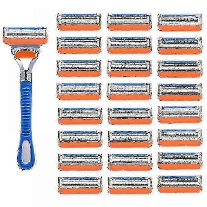 Комплект от 24 броя, резервни ножчета за бръснене, съвместими с Gillette Fusion 5, 5 ножчета, избледняваща лубрикираща лента, неръждаема стомана, оранжево/синьо