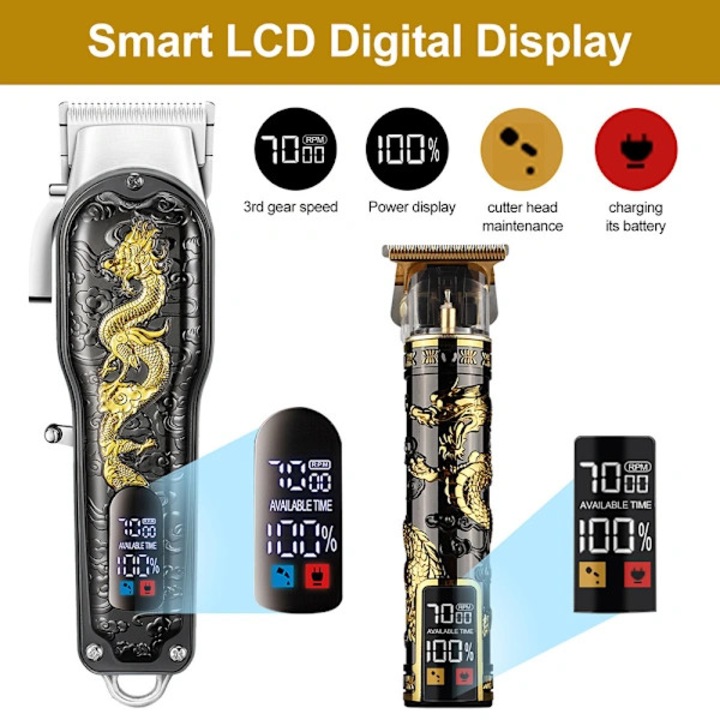 Професионална машинка за подстригване / тример Platinum, безжична, мотор 10W 7000 rpm, LED дисплей, батерия 2000mAh 180 мин, регулируеми дължини 0.5-1.7 мм, Черно/Златно, Пълен комплект