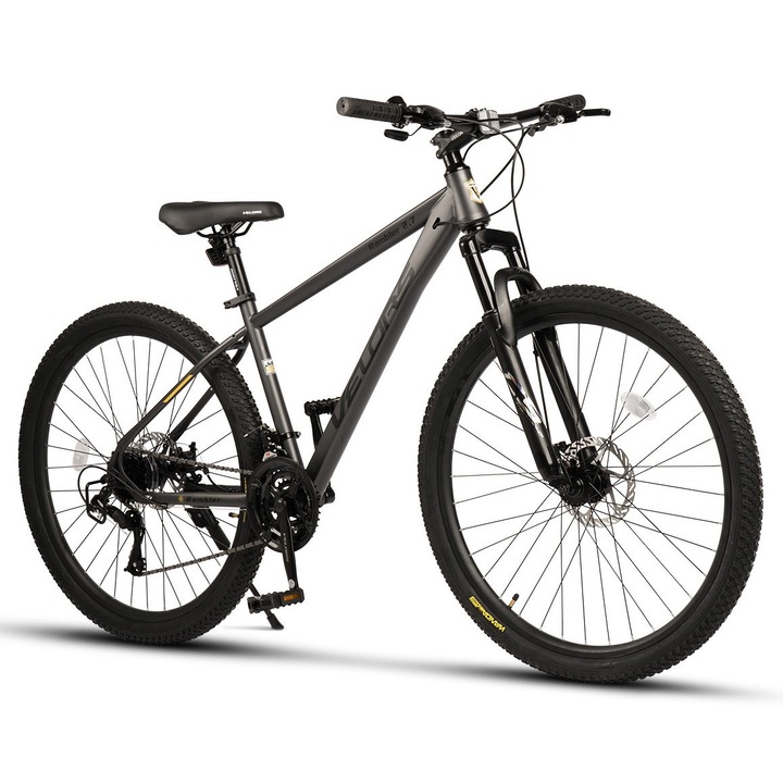 Bicicleta MTB cu Roti de 27 "5", Suspensie fata, Manete Secventiale, Frane DISC, 21 Viteze, Gri/Negru, Mountain Bike Velors Rambler 2.7 cu Cabluri Integrate