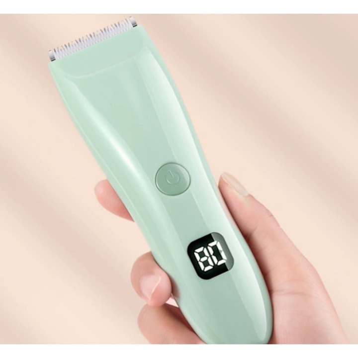 Aparat de tuns par pentru copii, trimmer profesional silentios, lama ceramica sigura, rezistent la apa IPX7, USB reincarcabil, afisaj LCD, 3 piepteni (1/3/6/9/12mm), verde menta, 1 buc