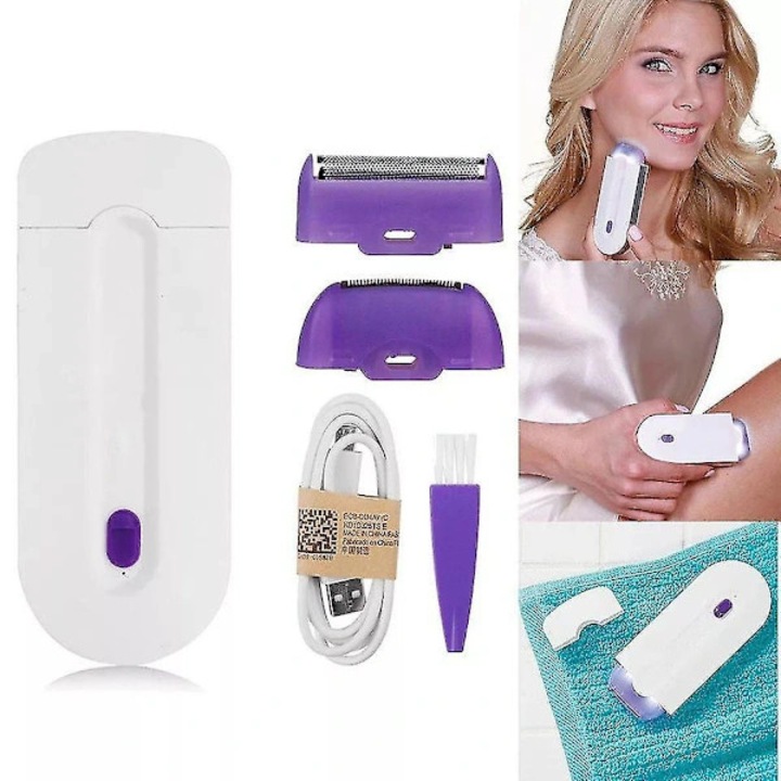 Epilator portabil, aparat de ras pentru femei, cu senzor si lumina albastra pentru indepartare par, capete interschimbabile, incarcare USB, alb/violet, 1 buc