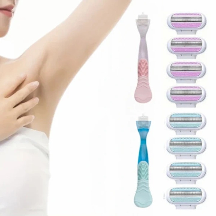Set de ras pentru femei, set de barbierit, maner ergonomic, 4 lame din otel inoxidabil, compatibil cu Gillette Venus, din ABS si otel inoxidabil, albastru/roz, 1 maner + 4 lame