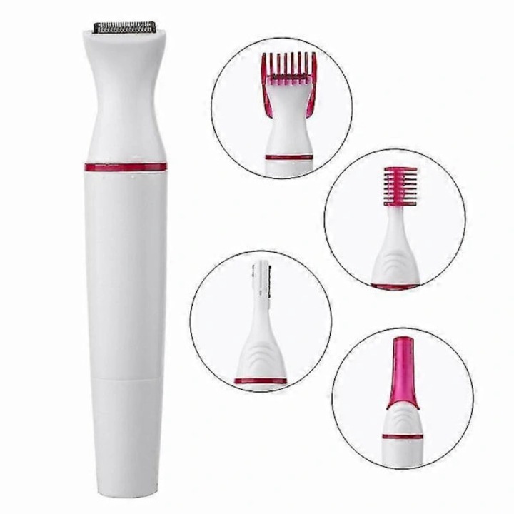 Trimmer electric 5-in-1 Micro Touch, aparat de epilat si tuns, capete interschimbabile pentru fata, sprancene, axila si bikini, pe baterii AA, alb/roz, 1 buc