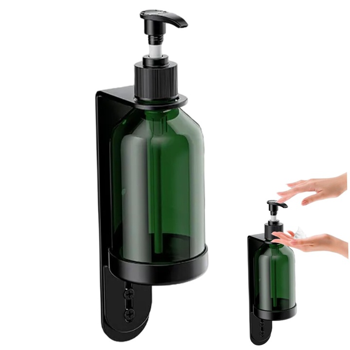 Fali szappanadagoló, újratölthető rozsdamentes acél adagoló, víz- és rozsdaálló, sampon tartó, Fekete, 16oz (473ml)