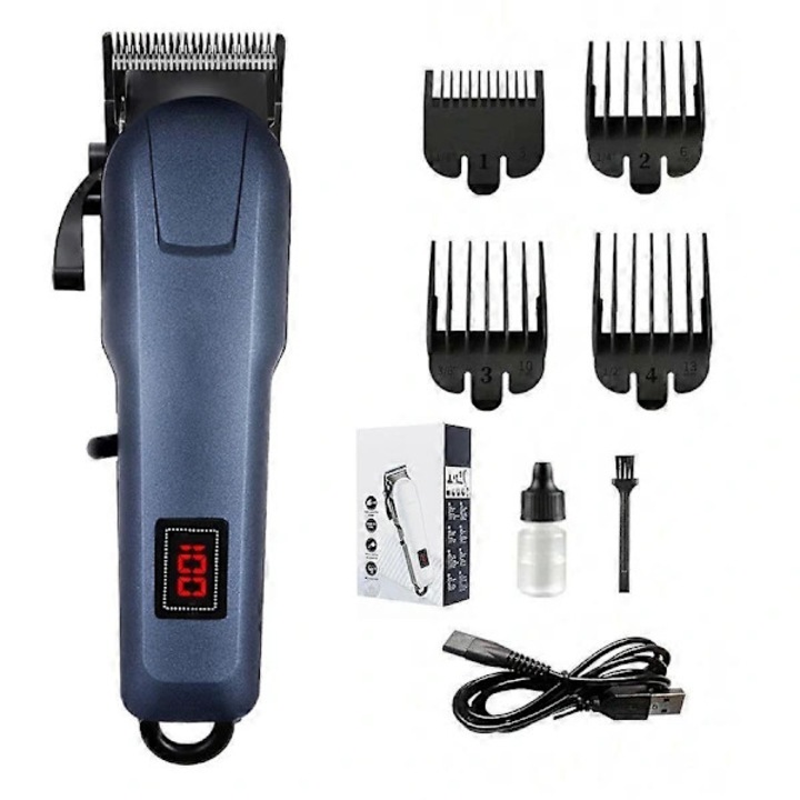 Hajvágó/Trimmer, USB újratölthető, rozsdamentes acél pengék, 4 rögzíthető fésű, LED kijelző, ergonomikus, Kék, 1 db