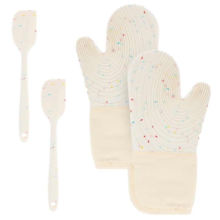 2 db szilikon sütőkesztyű és 2 db spatula szett, hőálló, csúszásmentes, 34x18cm, 21.5cm