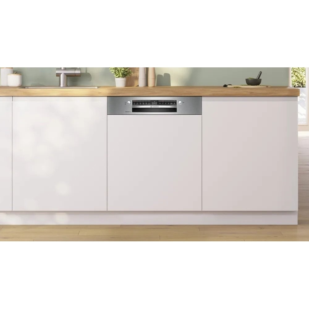 Masina de spalat vase semi-incorporabila Bosch SMI4ECS28E, 14 seturi, 6 programe, Clasa A, Motor inverter, 60 cm Argintiu