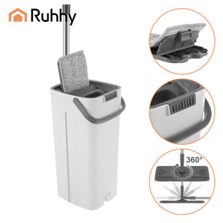 Mop Plat Ruhhy cu Galeata 8.5L, Sistem Separare Apa Curata/Murdara, Stoarcere Automata, Cap Rotativ 360°, 3 Rezerve Microfibra, Alb/Gri