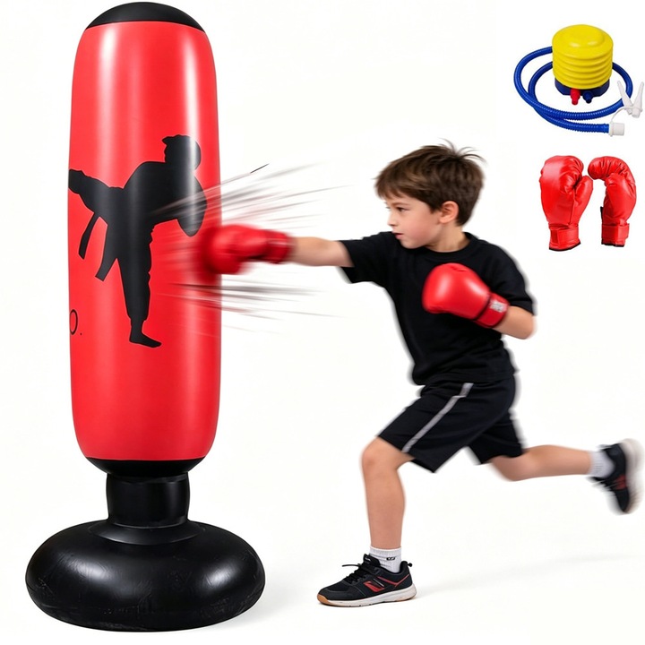 160 cm-es felfújható boxzsák gyerekeknek, 3 független légkamrás és stabil talpú fitnesz zsák, boxkesztyű és légpumpa a gyors felfújáshoz, karate edzésekhez