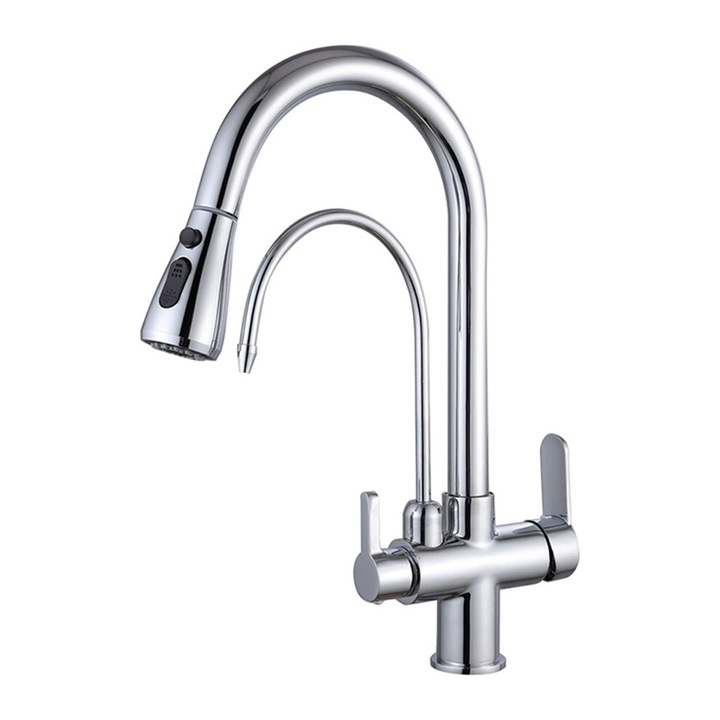 Baterie bucatarie / robinet, corp din alama masiva, cu doua manere si 3 cai pentru apa potabila, pulverizator retractabil 22 inch (56 cm) cu 3 moduri umplere/jet/pauza, cromat, 1 buc