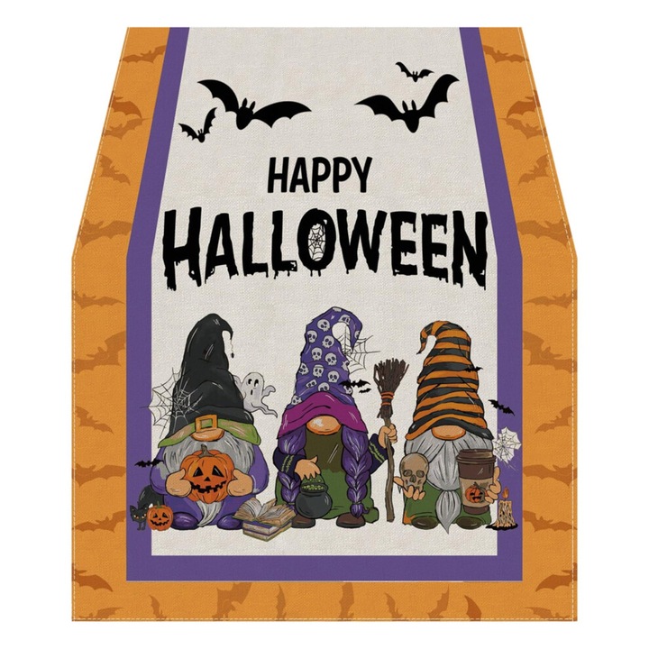 Halloween asztalterítő, csontváz, tök, denevérek, vászon, 35x13cm
