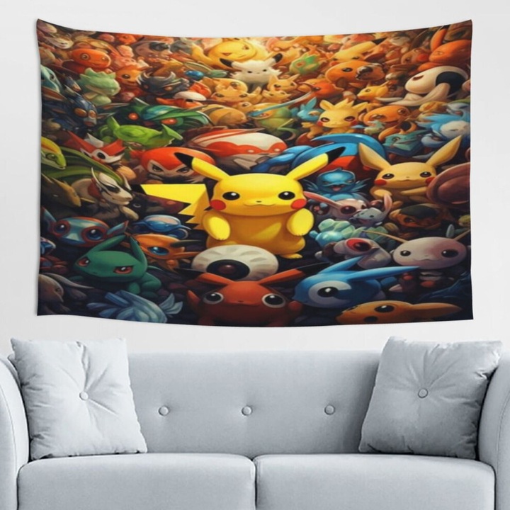 Tapiserie de perete, panou decorativ Pikachu, poliester 100%, imprimare HD, culori vii, multicolor, 60x40 inchi, 1 buc