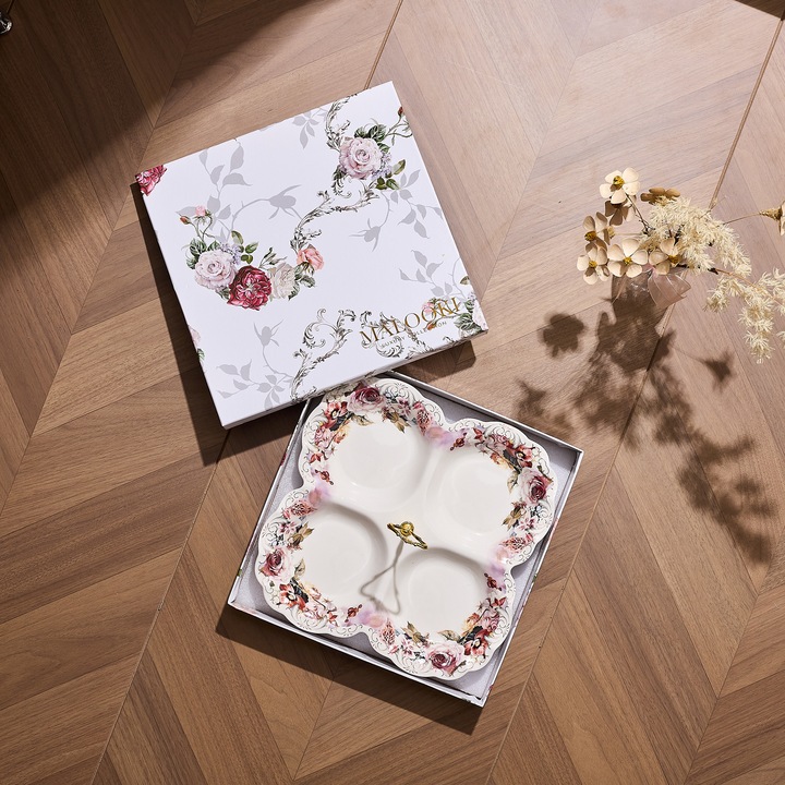 Platou compartimentat 4 sectiuni portelan model floral vintage, maner auriu
