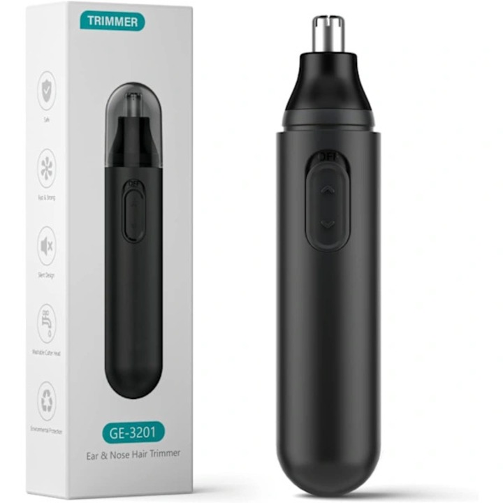 Trimmer pentru nas si urechi GE-3201, aparat de tuns facial, cu lame rotative duble 360°, alimentare baterie AA, impermeabil si lavabil, Negru, 1 buc