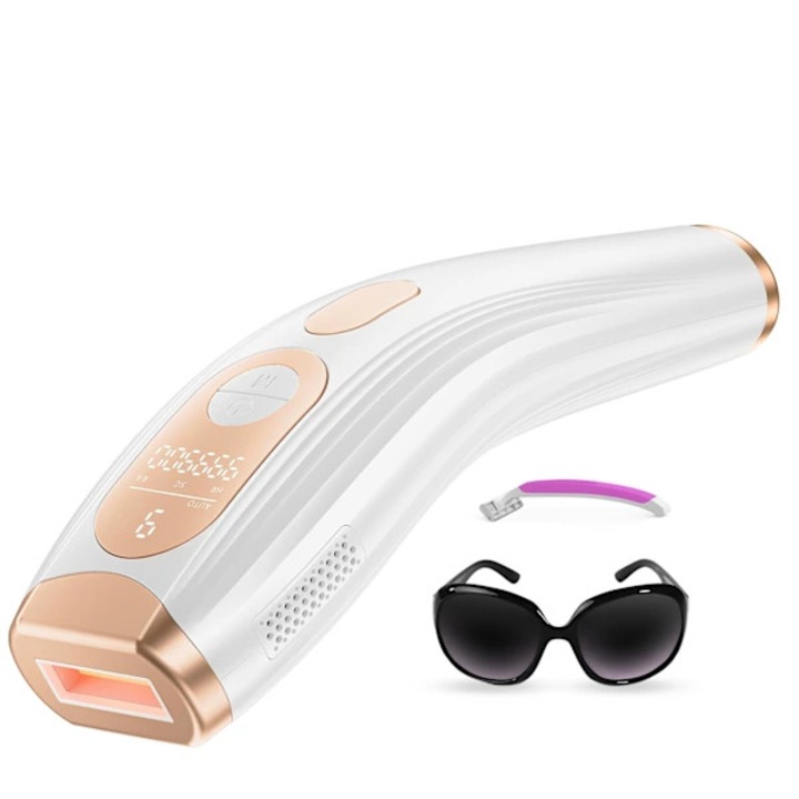 Aparat epilare IPL 3.0, dispozitiv epilare pentru femei si barbati, tehnologie 600-1200nm, 900.000+ flash-uri, mod dual Auto/Manual, cu fir (nu este cordless), Alb/auriu