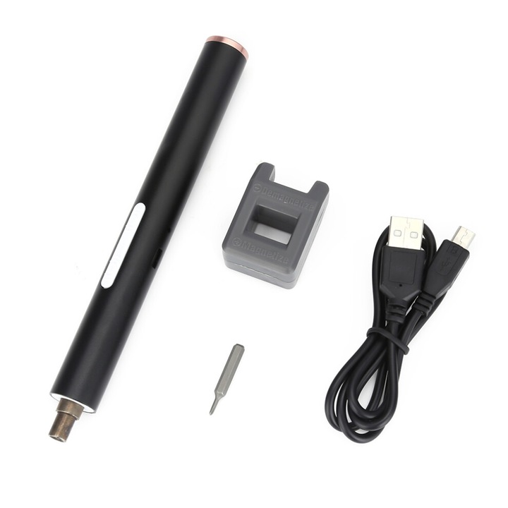 Акумулаторна електрическа отвертка USB, прецизна отвертка, алуминиев корпус, батерия 3.7V 800mAh, автономност 2ч, въртящ момент 0.3 Nm, Черна, 1 бр