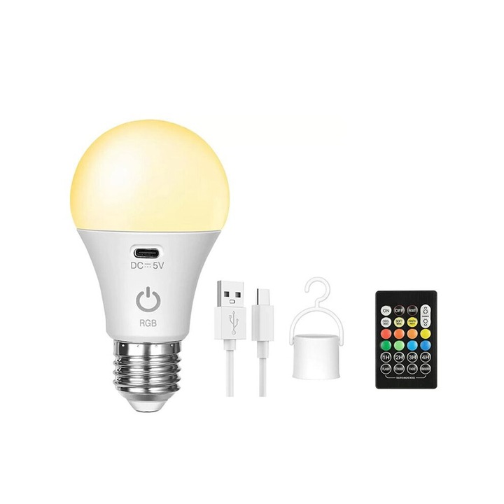 Bec LED / lampa E27 reincarcabil USB, dimabil, RGB cu telecomanda si functie timer, Multicolor, 2 bucati
