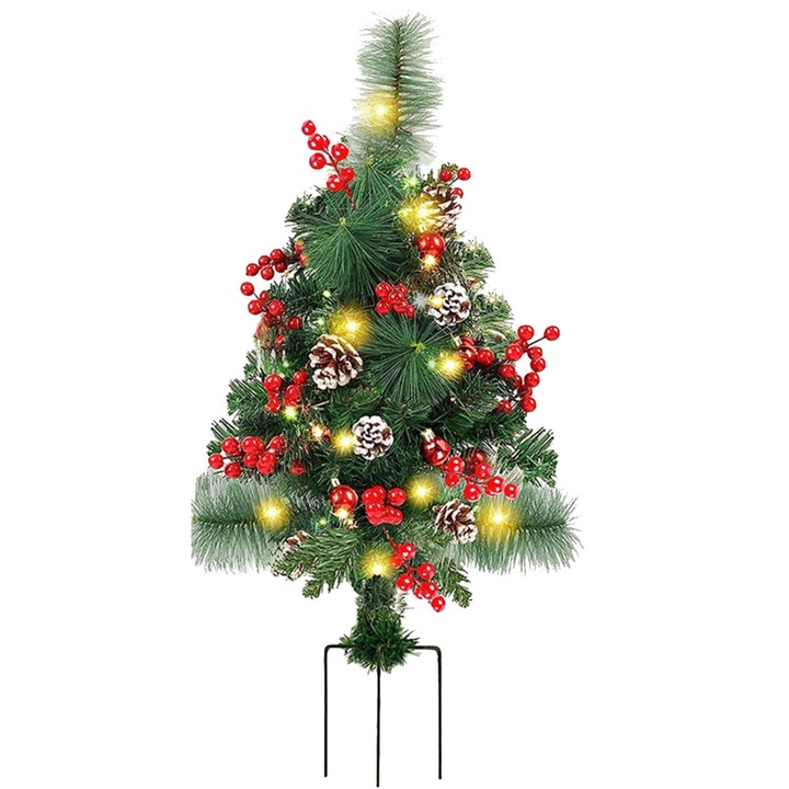 Brad de Craciun artificial 60cm, rezistent la apa, cu lumini LED, conuri si fructe rosii