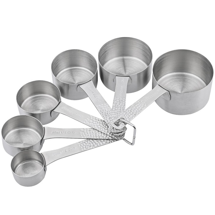 Set 6 bucati, Cupe masuratoare din otel inoxidabil 18/8 (cani masuratoare), marcaje gravate US/metric, cu inel de blocare, Argintiu, 30-240 ml