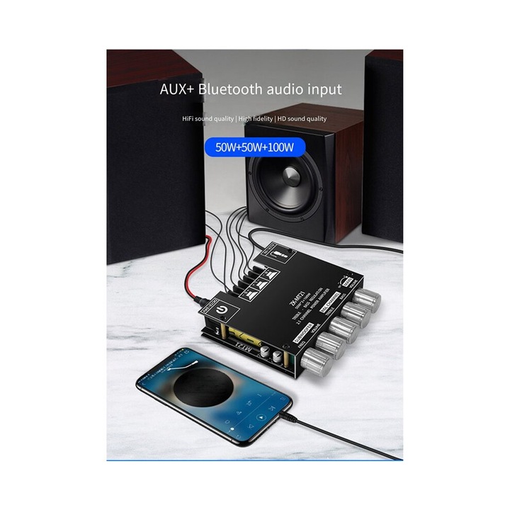 3 darabos készlet, ZK-MT21 2.1 audio erősítő panel, Bluetooth 5.0/AUX, 50W+50W+100W, többszörös védelemmel, Fekete