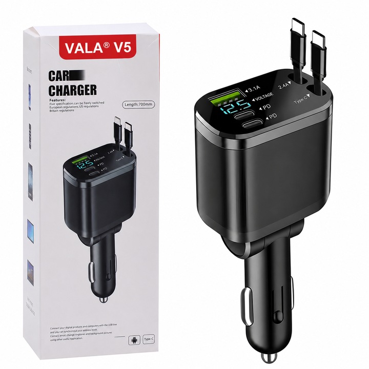 Incarcator Auto Retractabil 5in1 PD, VALA® V5, 120W Fast Charge, 2 x USB-C, Compatibil iPhone, Samsung, Huawei, Xiaomi, Negru