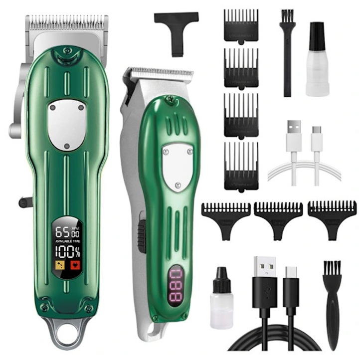 Aparat de tuns profesional, reincarcabil USB, verde, ergonomic, cu afisaj LCD