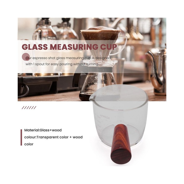 Cana de masurare espresso, shot glass, sticla groasa termorezistenta, maner din lemn anti-oparire, cu picurator si marcaje ml, transparent/lemn, 75 ml, 1 buc