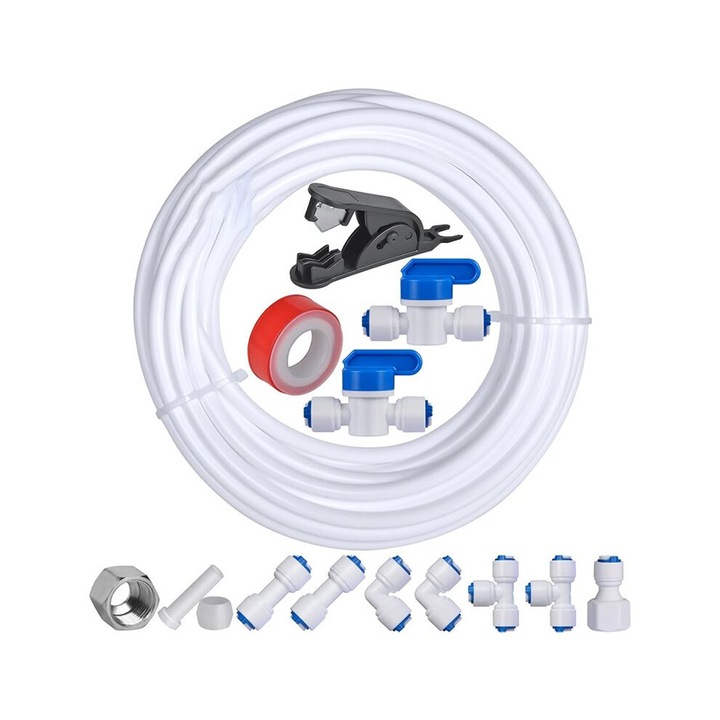 Kit apa pentru frigider 10 m (32.8ft), tub 1/4 inch OD, compatibil cu osmoza inversa si dozatoare, din plastic alimentar fara BPA, cu racorduri push-in, cutter si fitinguri incluse, Alb, 1 set