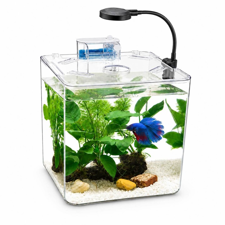 Acvariu Betta 5 litri Nubios, acvariu peste betta, acvariu pesti mici, acvariu echipat cu filtru Hang On si lampa LED, acvariu plastic transparent, 177 x 177 x 180 mm