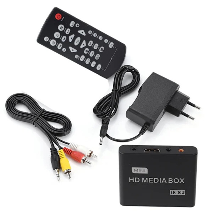 Mini HD médialejátszó doboz 1080P, H.264/RMVB/MKV/AVI/MP3 dekódolás akár 1080P-ig, HDMI 1.3, USB/MMC támogatás és HDD akár 2.5TB-ig, kompatibilis 3,5 hüvelykes merevlemezekkel, 110-240V tápellátás, Fekete, 1 db