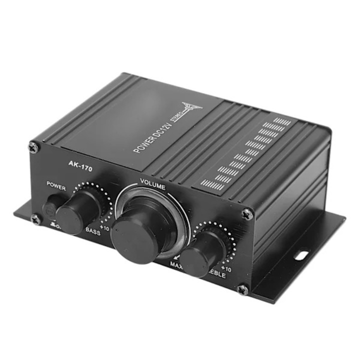 AK-170 mini audio erősítő, DC 12V tápellátás, 20W teljesítmény, alumínium ház, fekete, 1 db