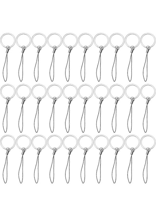 30 darab kulcstartó szett fémgyűrűvel és nylon zsinórral, 8.4x2.5x4.6 cm, fekete