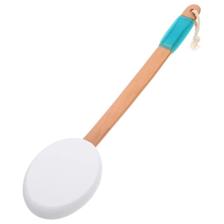 Perie pentru dus, perie corp din lemn cu capat burete pentru exfoliere, maner lung ergonomic pentru spate, alb/albastru, 1 buc, 45x8.7x3 cm