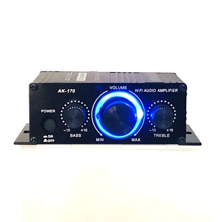 AK-170 audio erősítő/autóerősítő, 12V, 20W, dupla RCA bemenet, csúszásmentes kábelcsipeszes kimenet, Fekete, 1 db