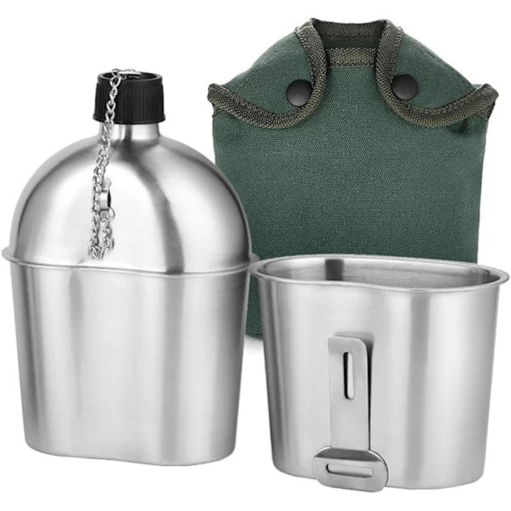 Set 2 piese, Cantina militara / sticla de apa din otel inoxidabil, rezistenta, se poate fierbe, cu cana inclusa si husa verde din nailon, 1 x 1000 ml, 1 x 600 ml