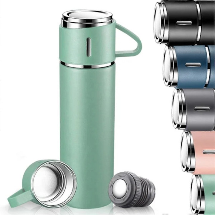 Sticla termica/termos, inox 304, izolatie vacuum cu pereti dubli, pastreaza cald si rece pana la 12 ore, capac etans cu maner multifunctional, reutilizabila, verde, 500ml
