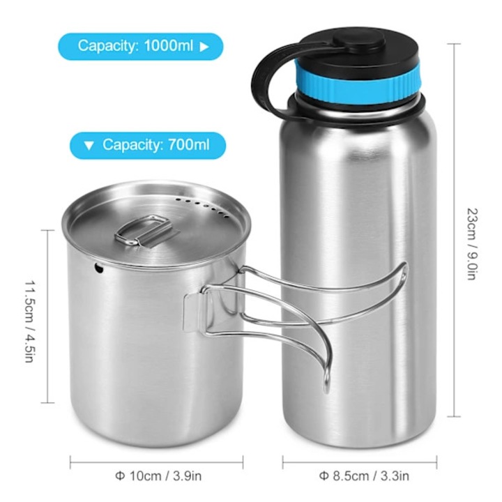 Set termos/sticla termo si cana 1000ml + 700ml din otel inoxidabil, izolatie sub vid, capac filetat anti-scurgere, cana utilizabila ca cratita cu maner pliabil, include sac plasa pentru transport, Argintiu, 1 set