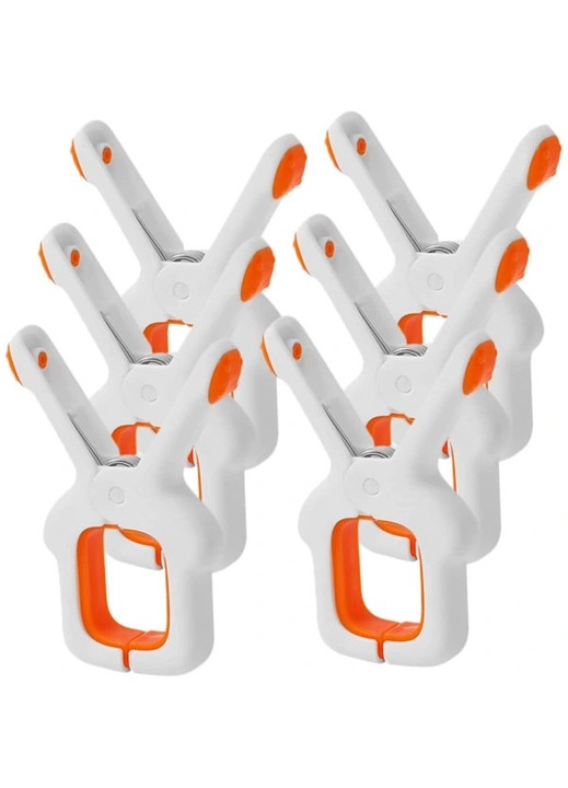 Set 6 bucati, Cleme pentru prosoape de plaja, cleme prindere pentru sezlong, prindere extra puternica, anti-alunecare, rezistente la vant, din PP, alb/portocaliu